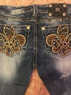 Miss Me Blue Denim Boot Cut Jeans with Gold Fleur-de-Lis Embroidery